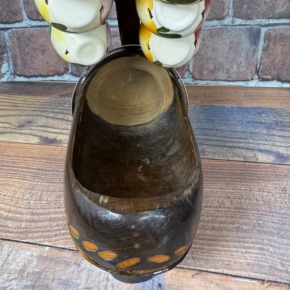 Vintage Dutch Clog Wine Bottle Holder Hand Carved Wooden Shoe W 6 Quimper‎ Cups